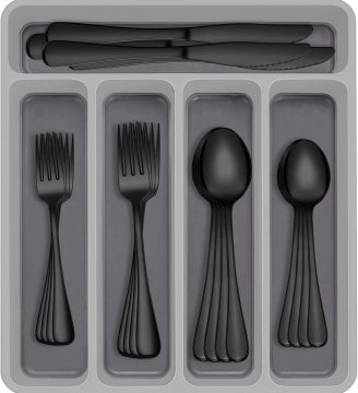60-Piece Black Silverware Set with Organizer, AIVIKI Stainless Steel Flatware for 12, Cutlery Utensil Set for Home Restaurant, Tableware Includes Knife Fork Spoon Set, Mirror Polished