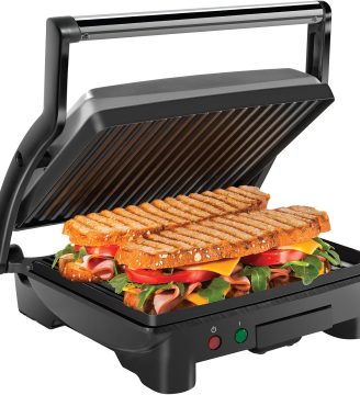 Chefman Panini Press Grill and Gourmet Sandwich Maker Non-Stick Coated Plates, Opens 180 Degrees to Fit Any Type or Size of Food, Stainless Steel Surface and Removable Drip Tray, 4 Slice, Black