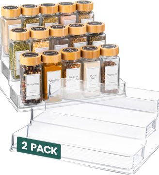 Oizeir Clear Spice Rack (2-Pack) – 3-Tier Acrylic Organizer for Cabinet – Deep Spice Shelf – 10.4 x 9.6 x 4 Inches – Holds Seasoning and Condiments